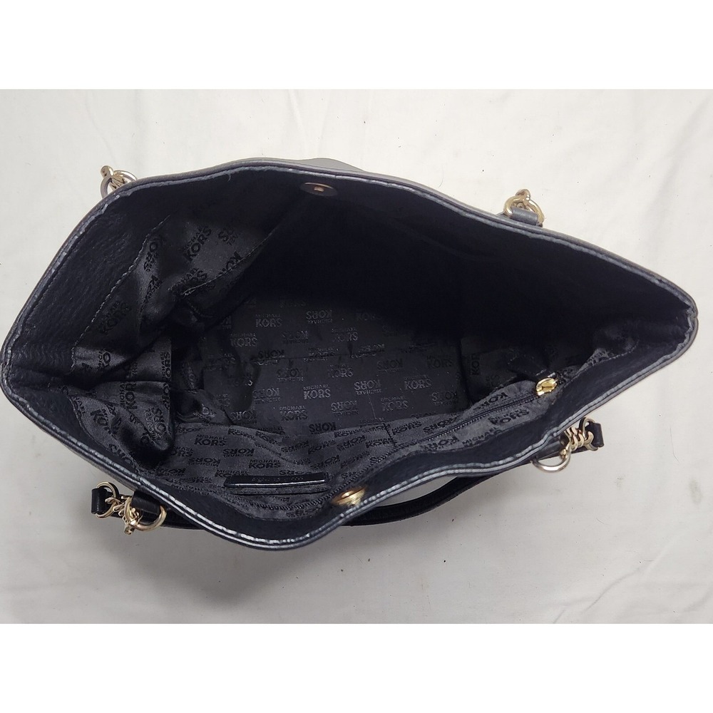 Michael Kors Tote Bag Black Leather Shoulder Bag Chain Detail Charm w Dust Cover - Picture 7 of 9